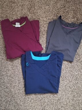 Three V-Neck Scrub Tops - Navy, Burgundy, Gray